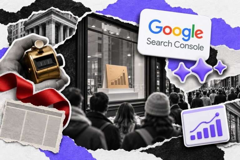 Colagem: vitrine de loja com pessoas olhando de fora, contador manual de latão, fita vermelha e cartão com o logo do Search Console.