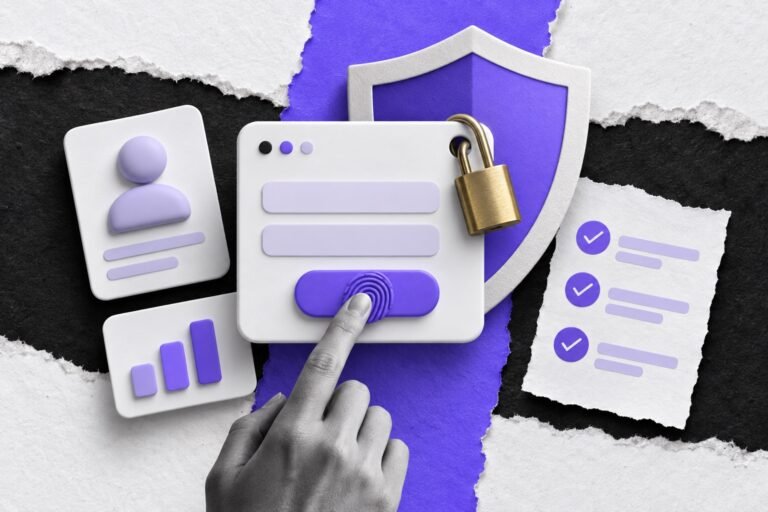 Colagem: cartão de login com digital violeta, escudo, cadeado e checklist com marcações