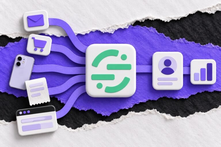 Colagem: canais convergem num hub com o logo do Segment e saem como um perfil único de cliente
