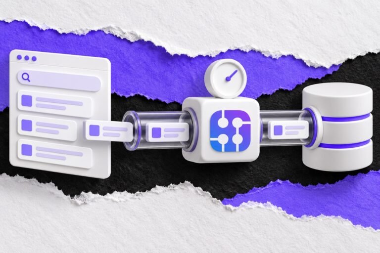 Colagem: resultados de busca viram blocos que passam por conector com o logo da SerpApi até um banco de dados