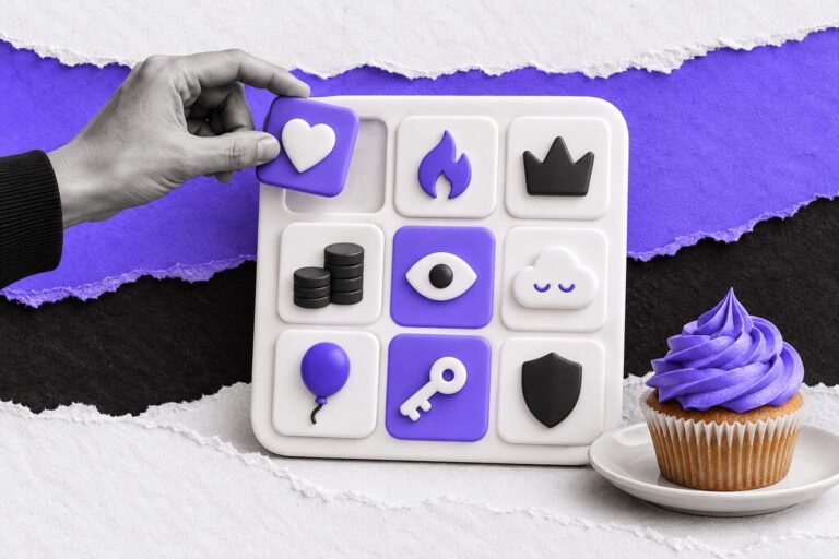 Sexy Canvas: tabuleiro 3D com ícones de emoções e uma mão encaixando um coração ao lado de um cupcake