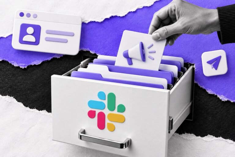 Colagem: gaveta de arquivo com logo do Slack e mão arquivando cartão de campanha em pasta violeta