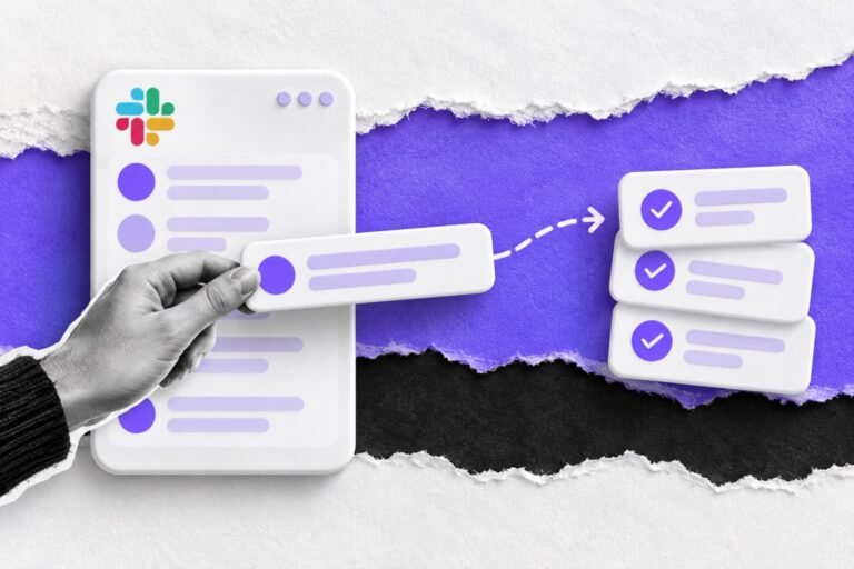 Colagem: janela de conversa com logo do Slack e mão transformando mensagens em cartões de tarefa