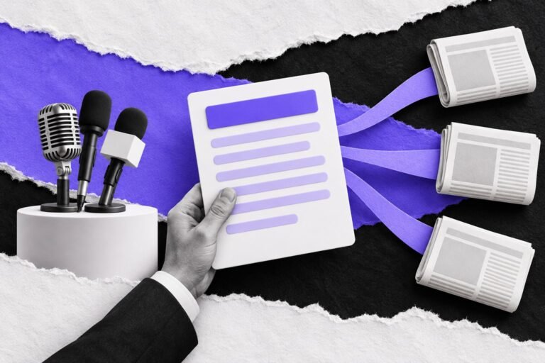 Colagem: púlpito com microfones e mão enviando press release a jornais em branco por fitas violeta