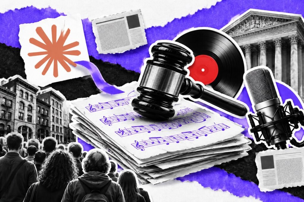 Colagem: martelo de juiz sobre partituras ligadas a um bloco com o logo do Claude; disco de vinil e microfone.