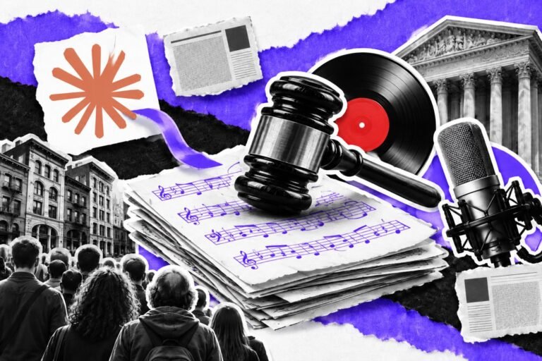 Colagem: martelo de juiz sobre partituras ligadas a um bloco com o logo do Claude; disco de vinil e microfone.