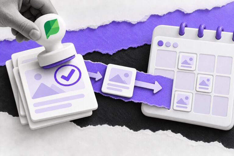 Colagem: carimbo com o logo do Sprout Social aprova posts que seguem num trilho até o calendário