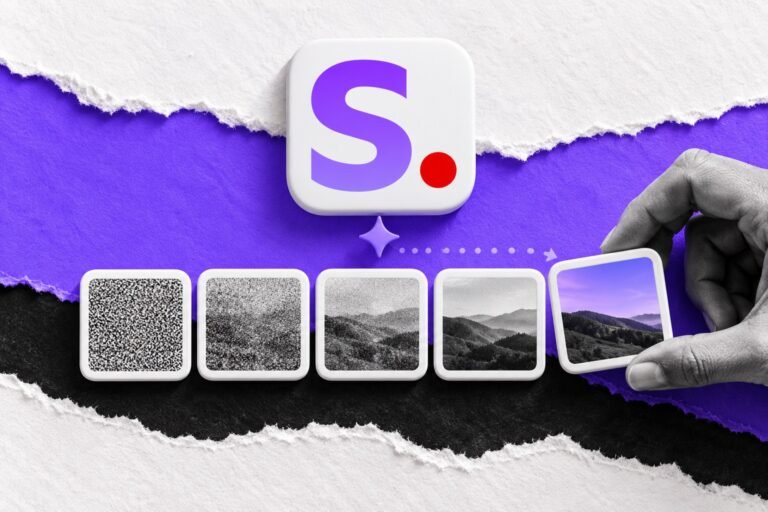 Colagem: sob o logo da Stability AI, cartões vão do ruído à foto nítida; mão pega o último
