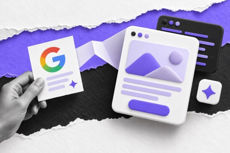 Colagem: cartão de prompt com o logo do Google se desdobra em tela de app, com janela de código atrás