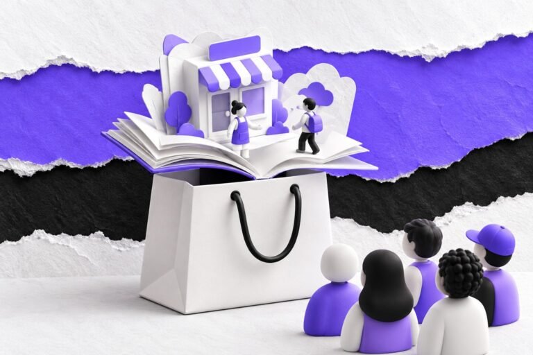 Colagem: de uma sacola de compras sai um livro pop-up com cenas de papel, observado por um grupo de avatares de clientes.