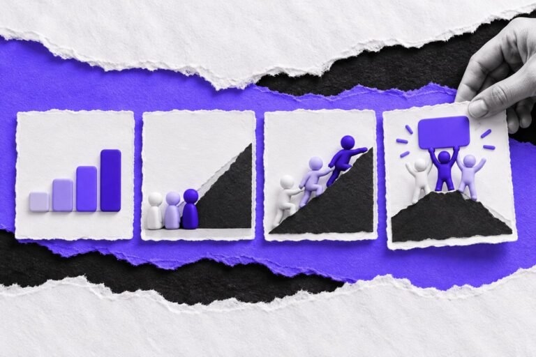 Colagem: storyboard em quatro quadros de papel mostra uma equipe de avatares subindo uma encosta; uma mão encaixa o último quadro.
