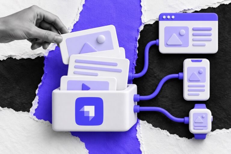 Colagem: pilha de conteúdo sobre base com o logo do Strapi ligada a navegador, celular e relógio