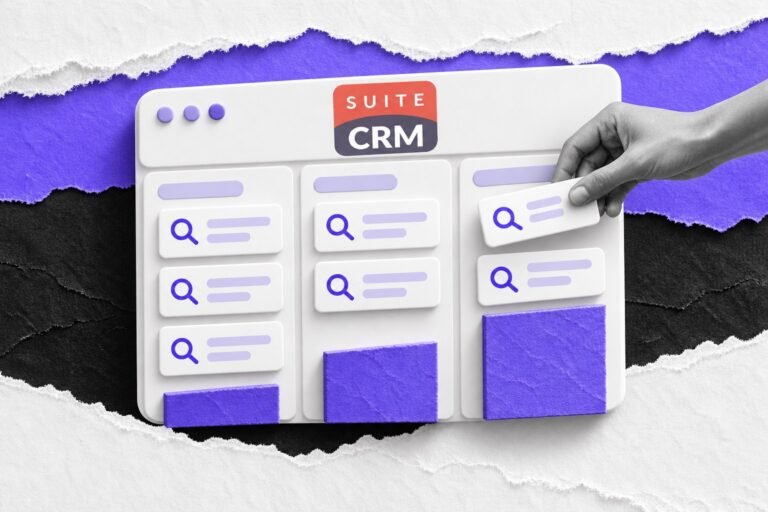 Colagem: quadro de pipeline com o logo do SuiteCRM cheio de resultados de busca; mão avança um cartão