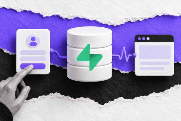 Colagem: banco de dados em cilindro com o logo do Supabase, ligado a um cartão de login e a uma janela de navegador.