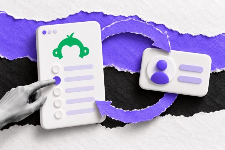 Colagem: pesquisa com o logo do SurveyMonkey; resposta marcada faz um laço violeta até um contato e volta