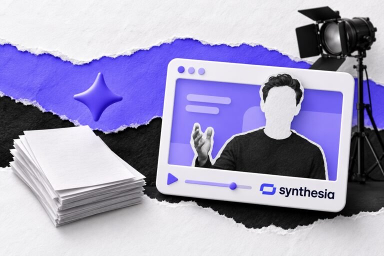 Colagem: roteiro vira vídeo num player com o logo da Synthesia; holofote de estúdio desligado ao fundo