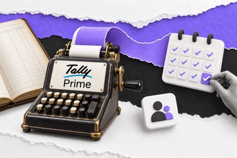 Colagem: calculadora antiga com o logo do TallyPrime solta fita violeta até um calendário mensal fechado