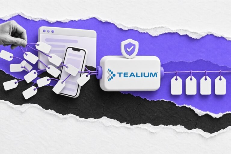 Colagem: etiquetas soltas passam por caixa com o logo do Tealium e saem enfileiradas num fio violeta