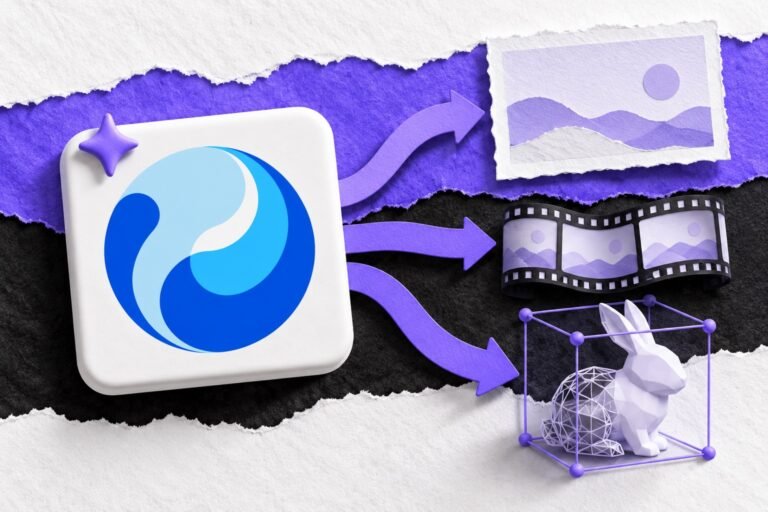 Colagem: placa com o logo do Tencent Hunyuan abre caminhos para imagem, filme e modelo 3D