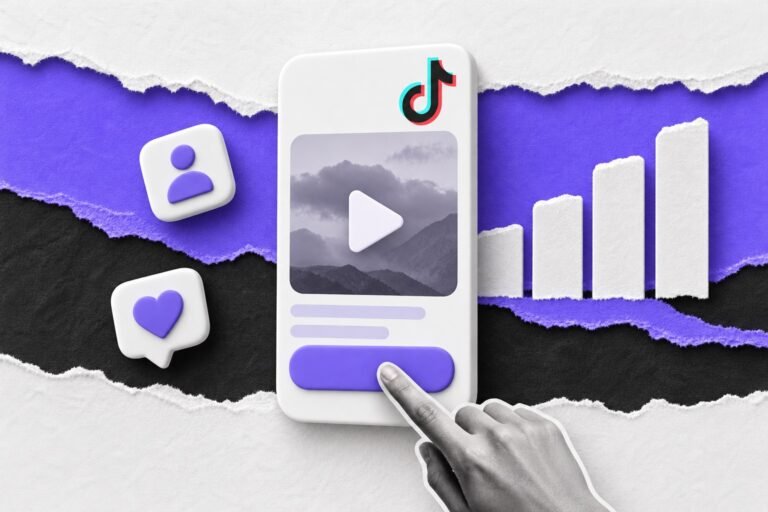 Colagem: vídeo vertical com o logo do TikTok e botão violeta tocado por uma mão, com barras subindo atrás.