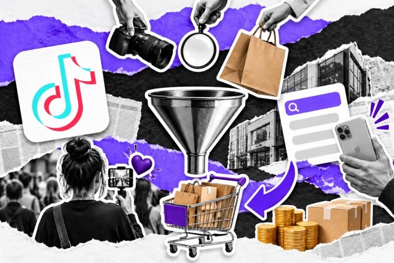 Colagem: funil com três entradas, câmera, lupa e sacola, que se juntam; sacolas kraft e logo do TikTok.