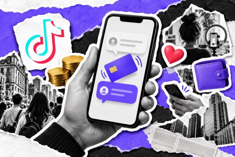 Colagem: celular com conversa em que um cartão de pagamento passa entre balões; moedas douradas e logo do TikTok.
