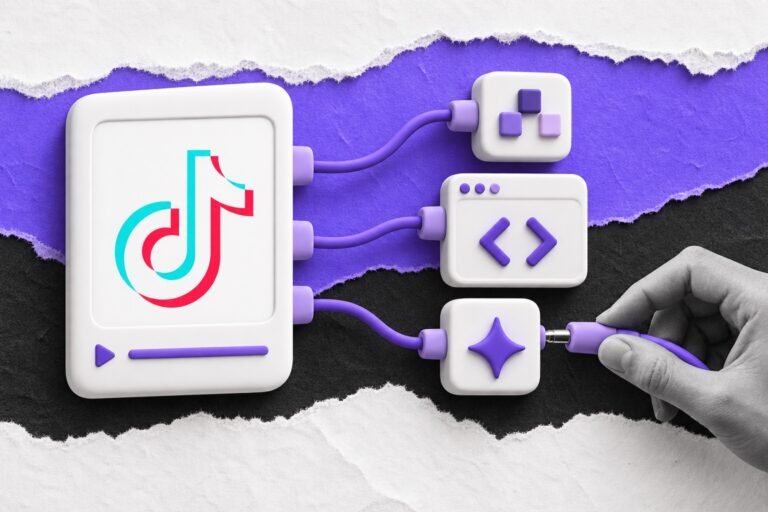 Colagem: vídeo vertical com o logo do TikTok conectado por cabos violeta a módulos de pixel, código e IA.