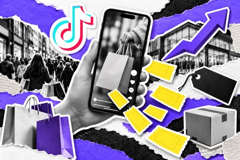 Colagem: celular com vídeo vertical e o logo do TikTok solta uma chuva de cupons sobre sacolas e caixas.