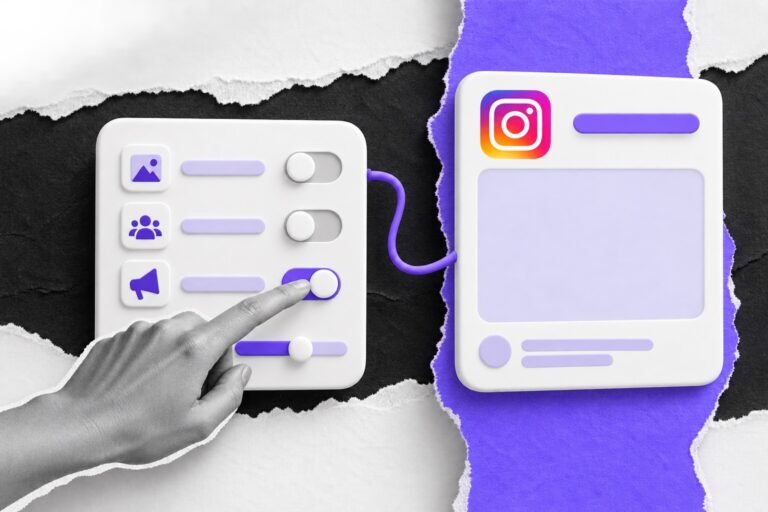 Colagem: post patrocinado com o logo do Instagram ao lado de um cartão de configuração com interruptores ajustado por mão.