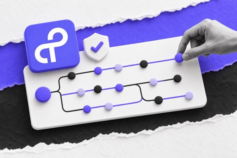 Colagem: fluxo em forma de mapa de metrô com o logo do Tray.ai e escudo; mão adiciona um nó