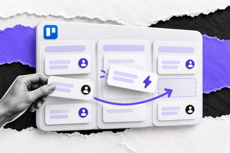 Colagem: quadro kanban com o logo do Trello; uma mão move um cartão e outro avança sozinho com um raio.