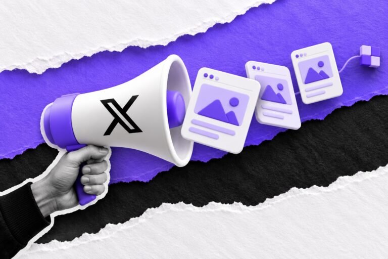 Colagem: mão segura megafone com o logo do X que projeta cartões de anúncio, ligado por fio a um pixel.
