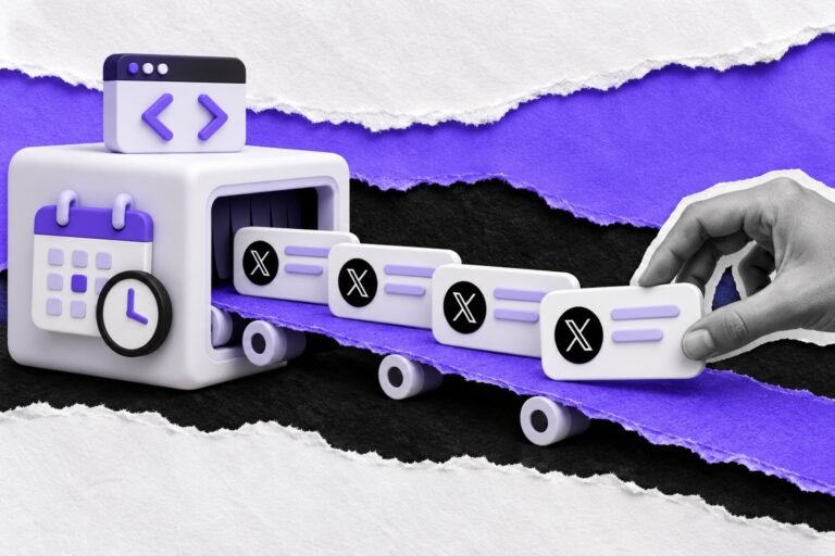 Colagem: máquina com calendário solta uma fila de posts com o logo do X numa esteira violeta.