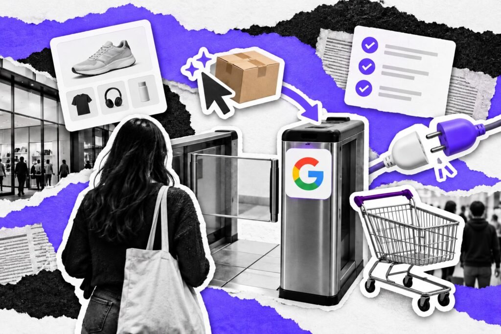 Colagem: catraca de checkout com o logo do Google, lista de requisitos e um cursor de IA passando com um produto.