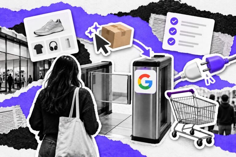 Colagem: catraca de checkout com o logo do Google, lista de requisitos e um cursor de IA passando com um produto.