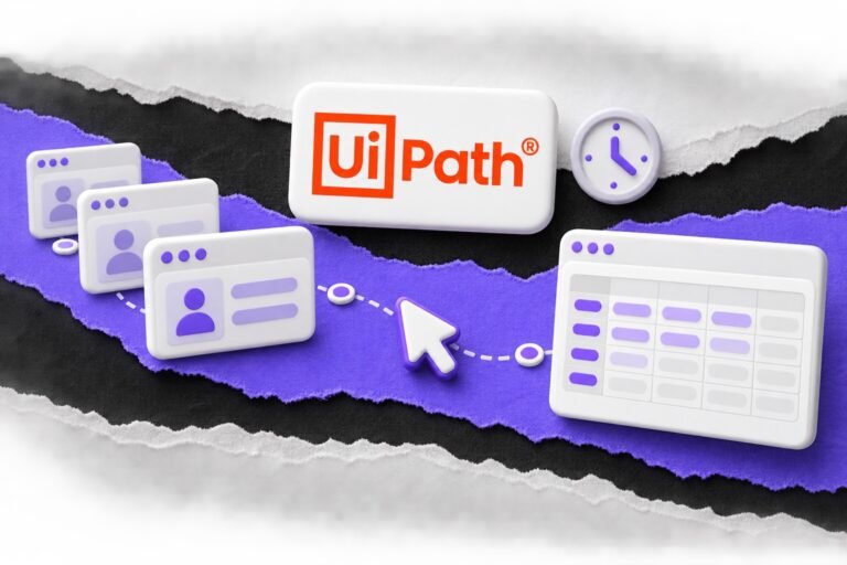 Colagem: cursor sem mão percorre formulários sob o logo da UiPath e preenche uma planilha