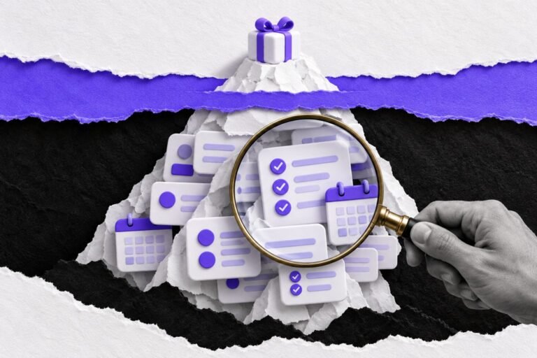 Colagem: iceberg de papel com uma caixa de presente visível no topo; uma lupa revela a grande estrutura de trabalho escondida embaixo.