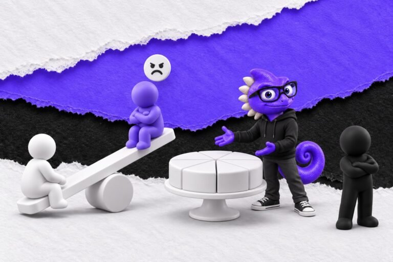 Viés da soma-zero: ilustração com o Marc e bonequinhos de argila — one white seesaw with a pie on the side