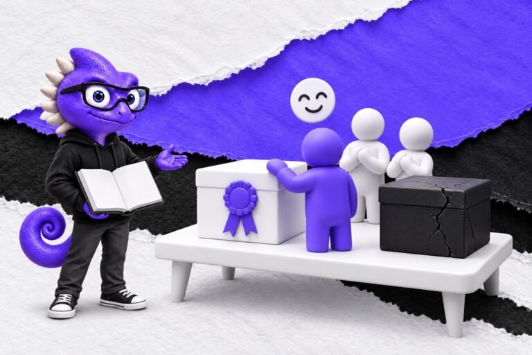 Viés de apoio à escolha: ilustração com o Marc e bonequinhos de argila — chosen white box with violet rosette beside a cracked black box