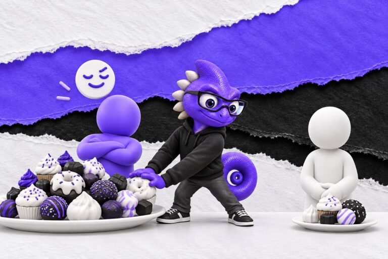 Viés de autocontrole: ilustração com o Marc e bonequinhos de argila — table piled with blank white sweets
