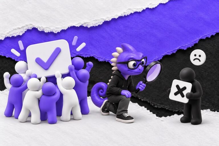Viés de confirmação: ilustração com o Marc e bonequinhos de argila — white cards with check marks