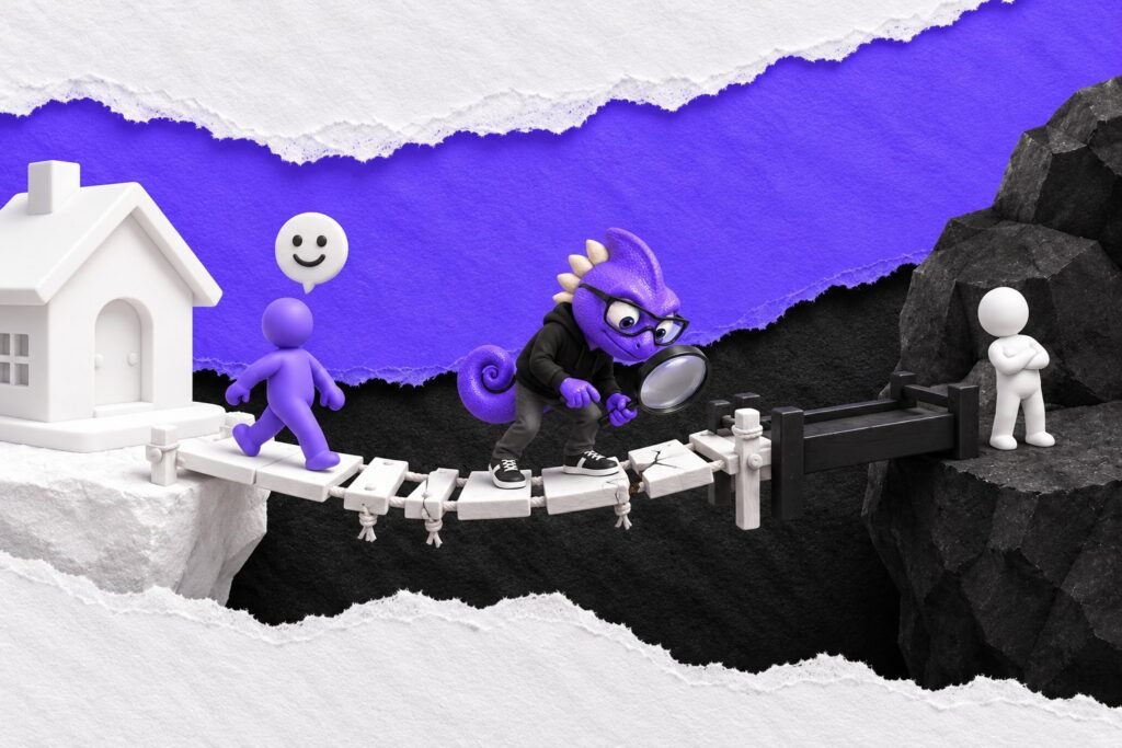 Viés de crença: ilustração com o Marc e bonequinhos de argila — rickety bridge leading to shiny white house