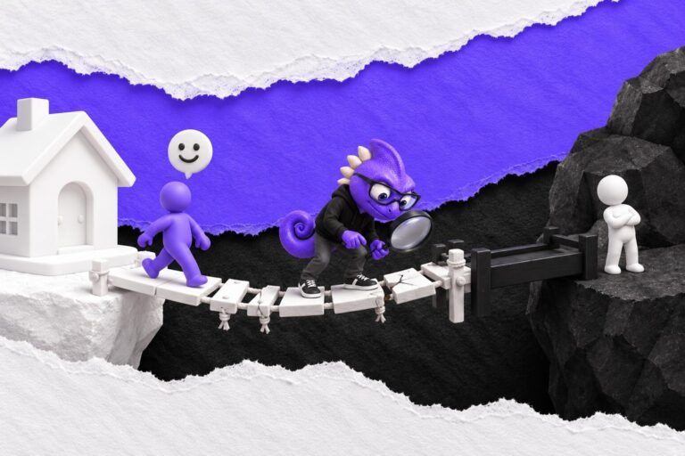 Viés de crença: ilustração com o Marc e bonequinhos de argila — rickety bridge leading to shiny white house