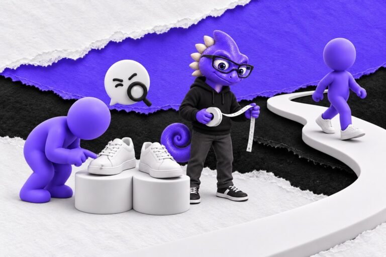 Viés de distinção: ilustração com o Marc e bonequinhos de argila — two nearly identical white clay shoes on pedestals