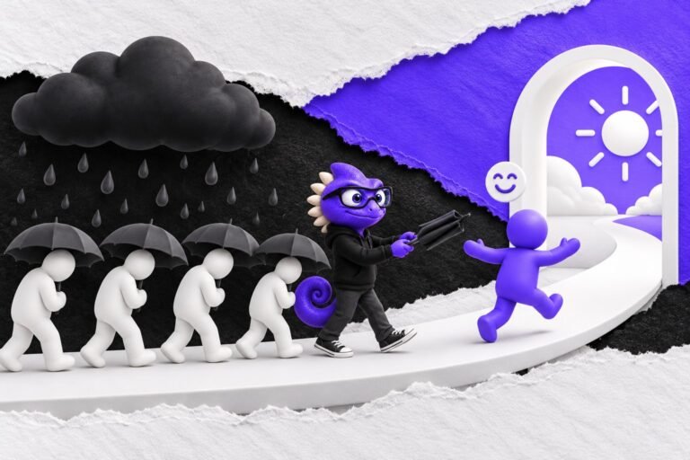 Viés de otimismo: ilustração com o Marc e bonequinhos de argila — folded white umbrella under a black storm cloud
