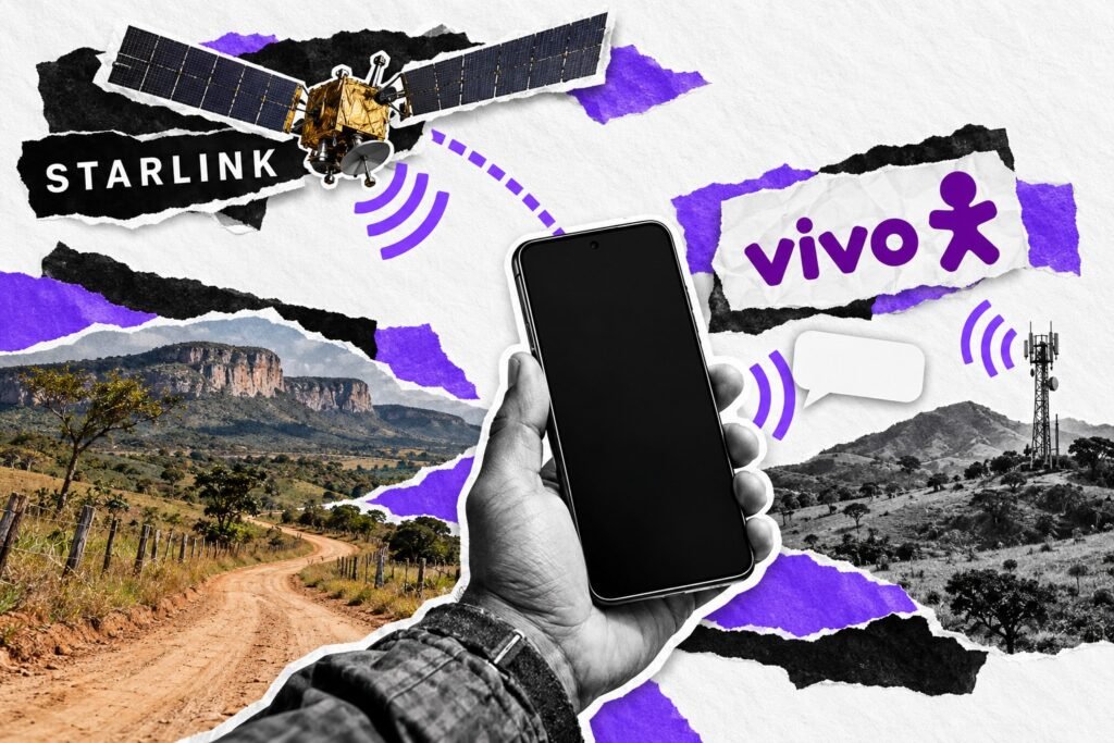 Colagem editorial ilustrativa de celular, satélite e paisagem rural, com logos Vivo e Starlink.