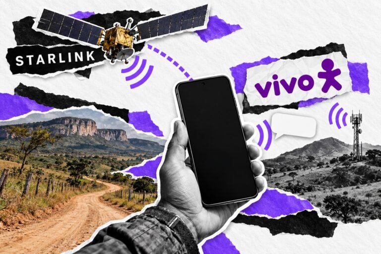 Colagem editorial ilustrativa de celular, satélite e paisagem rural, com logos Vivo e Starlink.
