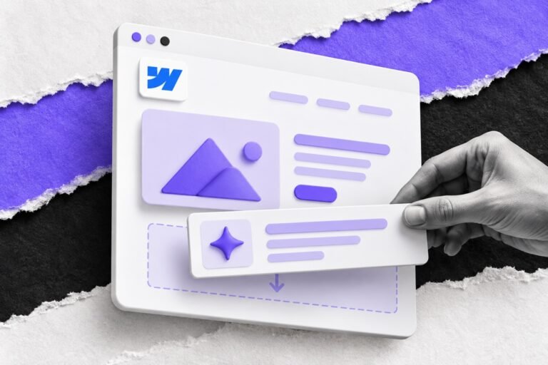 Colagem: página com logo do Webflow em montagem; brilho violeta de IA desce blocos e uma mão os alinha.