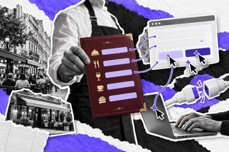 Colagem: mão de garçom segura um cardápio de ações; cursores de IA apertam os botões de uma janela de site.