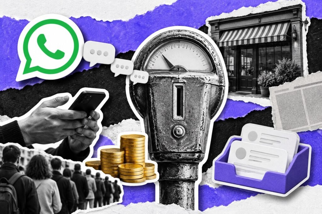 Colagem: medidor de moedas de latão recebendo balões de conversa, com moedas douradas e balão com o logo do WhatsApp.